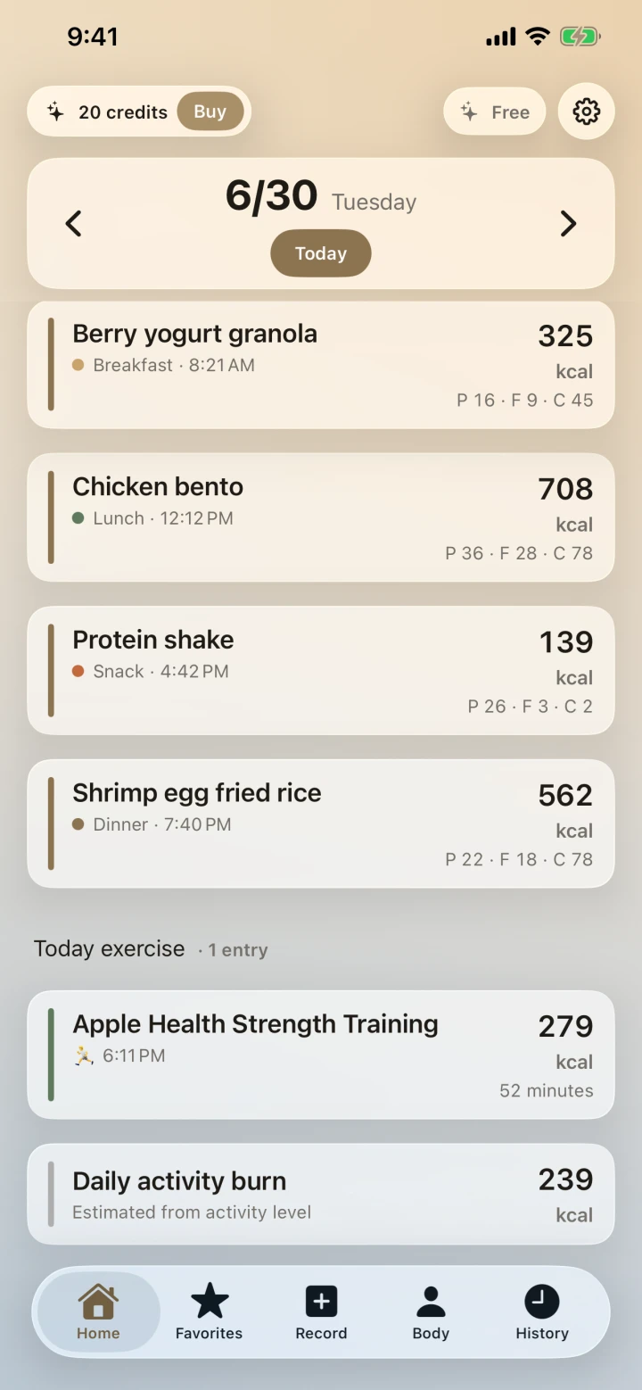 Daily log showing an Apple Health strength-training entry and a separate daily activity estimate