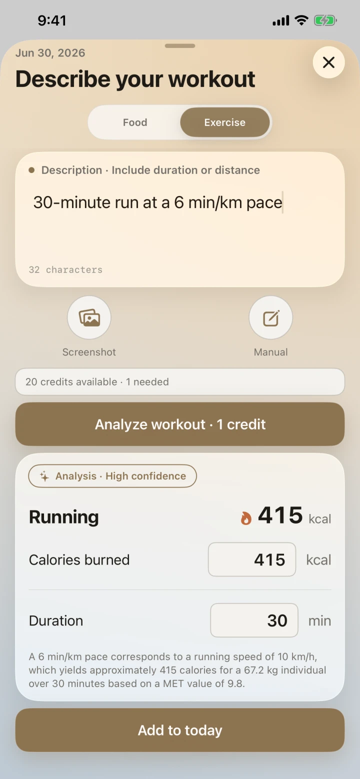 Exercise analysis showing estimated calories burned and duration for a 30-minute run