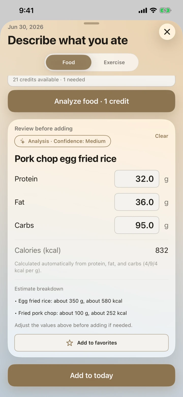 Text analysis result with editable protein, fat, carbs, and ingredient estimates