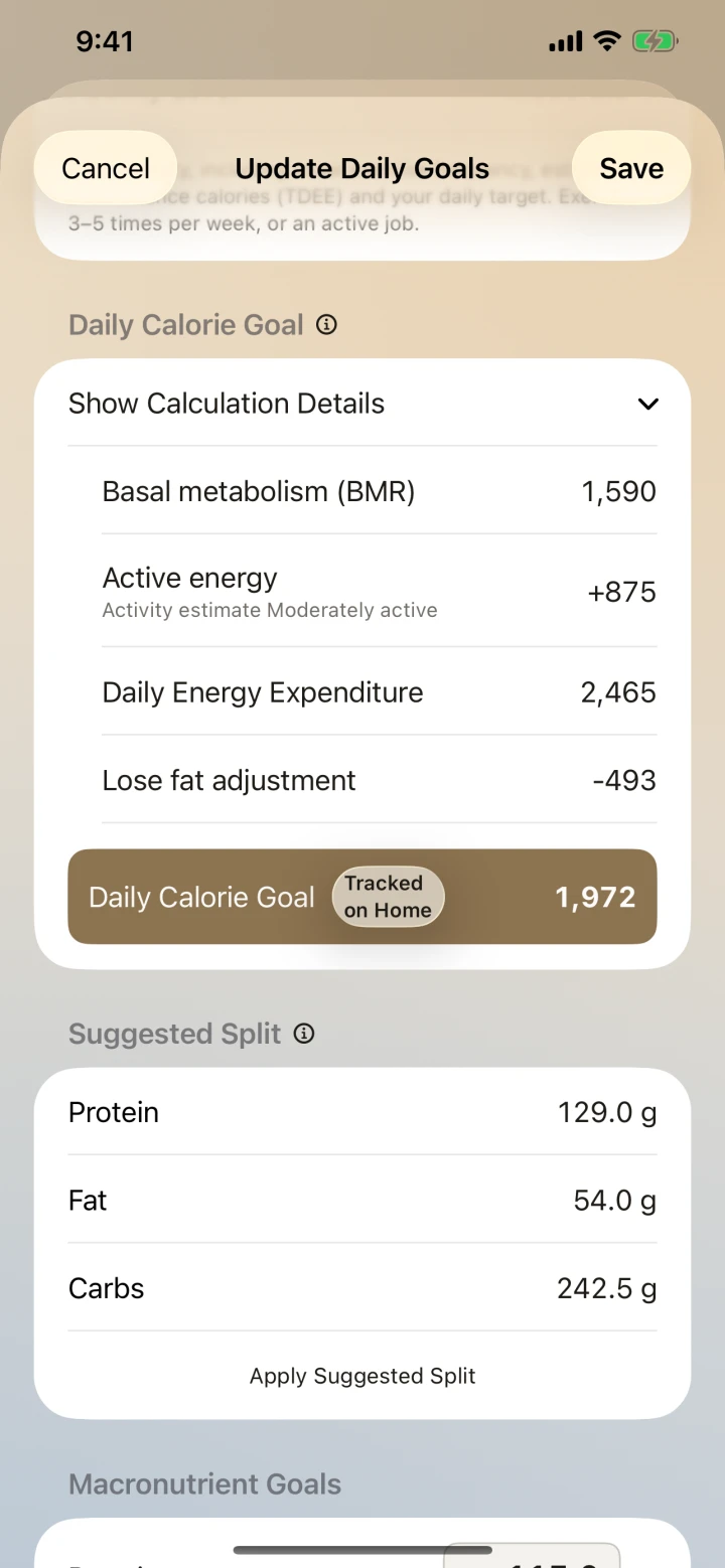 Goal details showing basal metabolic rate, active energy, total daily energy needs, and macro targets