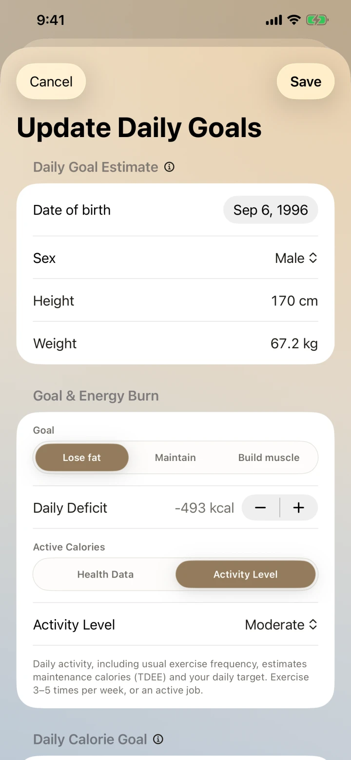 Daily goal settings for fat loss, maintenance, muscle gain, and calorie deficit