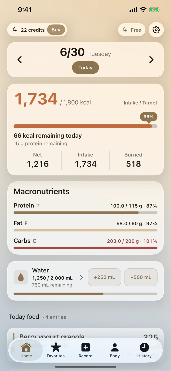 Kcal Ledger daily overview in English showing calories, macro progress, and 1,250 of 2,000 mL of water