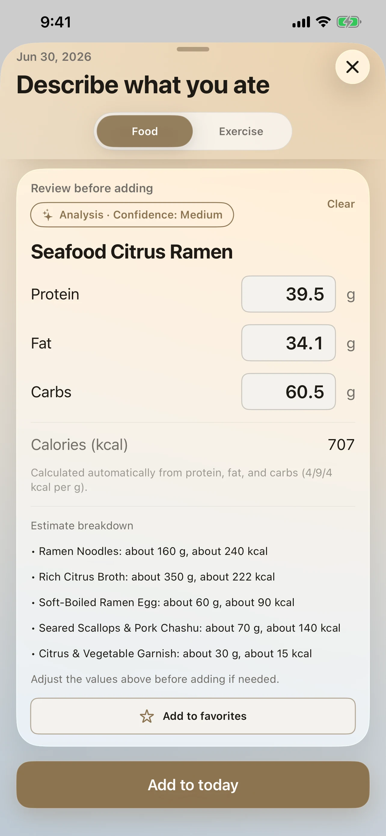 Photo analysis of ramen with separate estimates for noodles, broth, pork, scallops, and egg