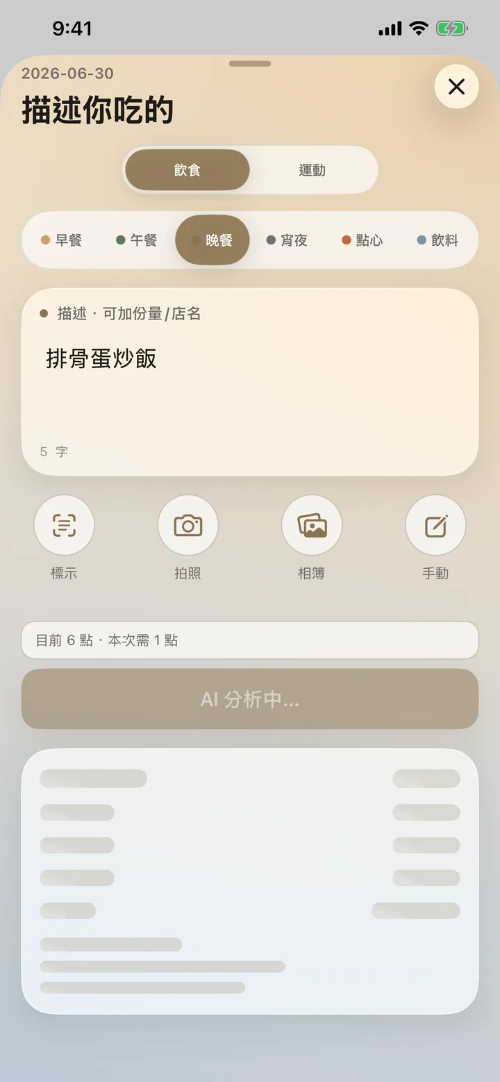 記錄輸入畫面：描述你吃的，輸入排骨蛋炒飯後 AI 分析中