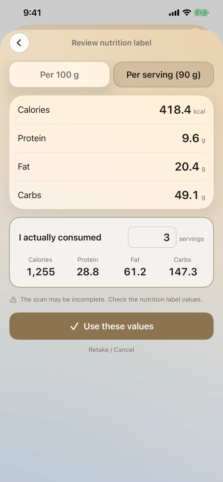 Nutrition label review with per-serving and per-100-gram values and an editable serving count